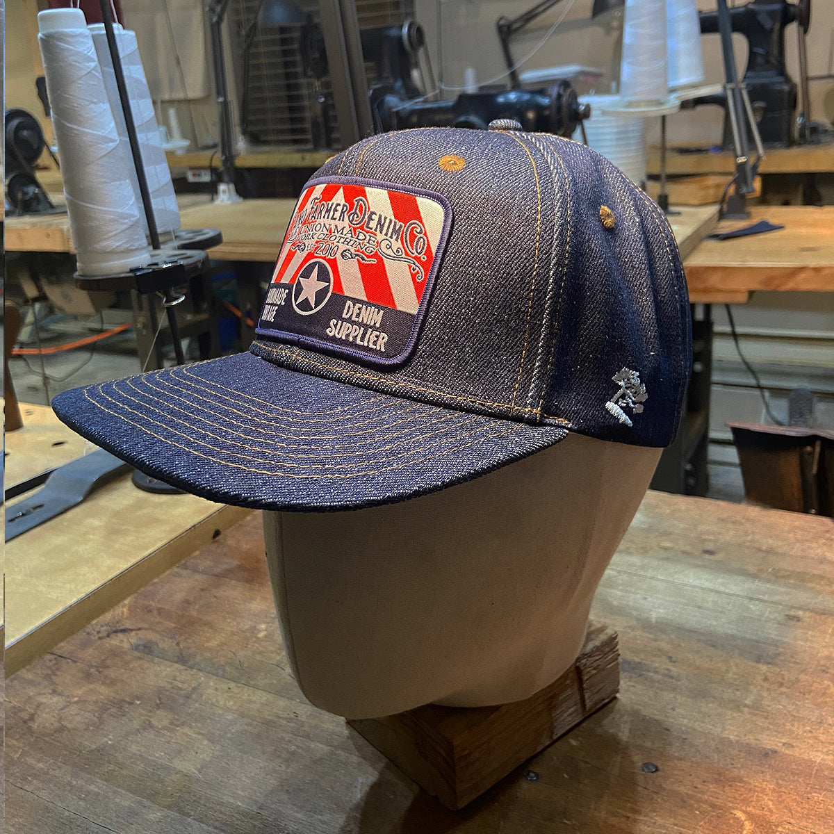 14oz Cone Mills Denim Snapback HAT CFDCo Feed Store Patch - Mid Crown