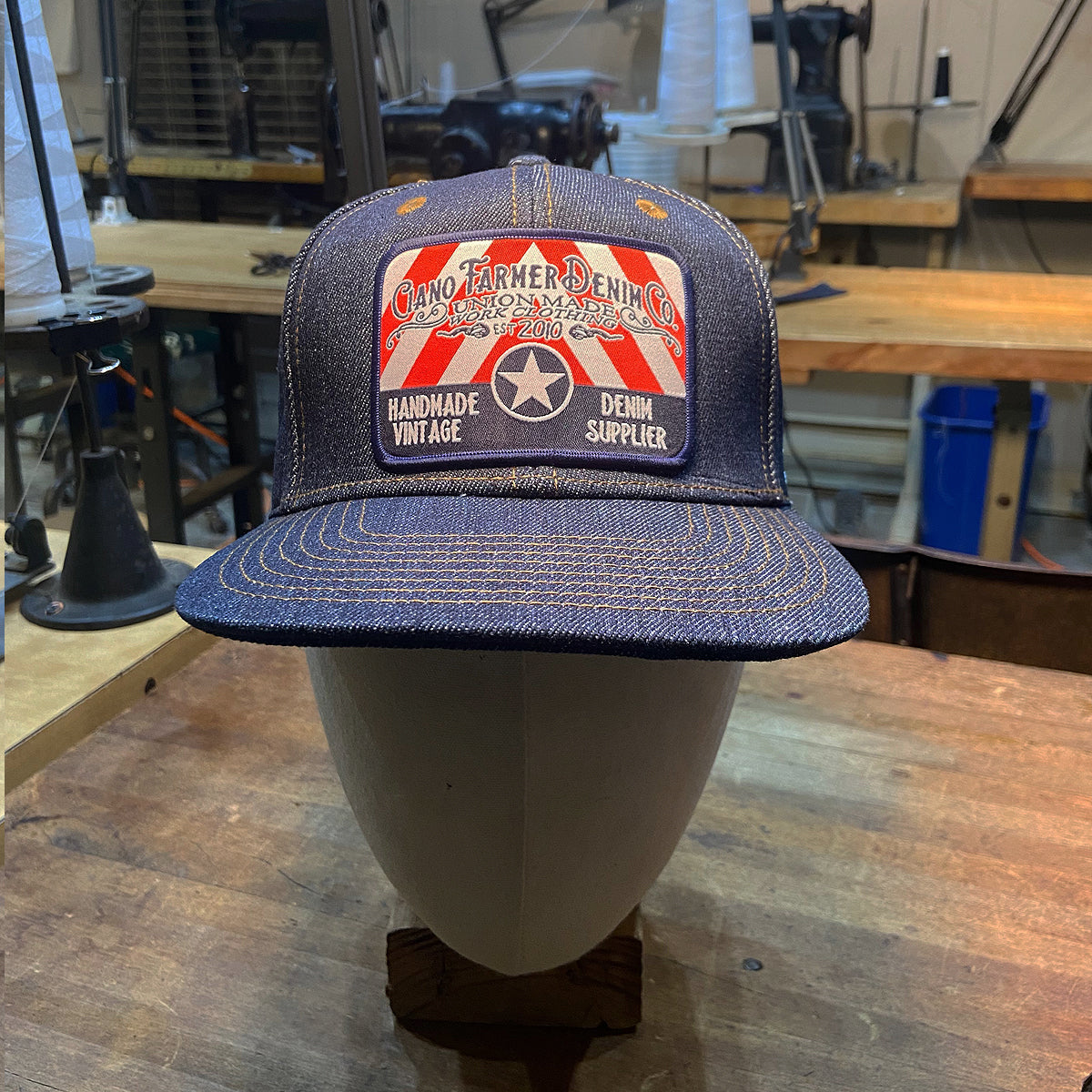 14oz Cone Mills Denim Snapback HAT CFDCo Feed Store Patch - Mid Crown