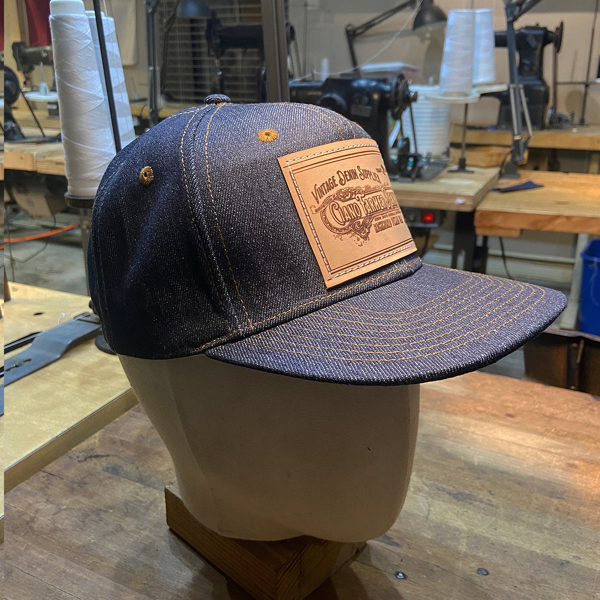 14oz Cone Mills Denim Snapback HAT CFDCo Veg Tan Leather Patch - Mid Crown