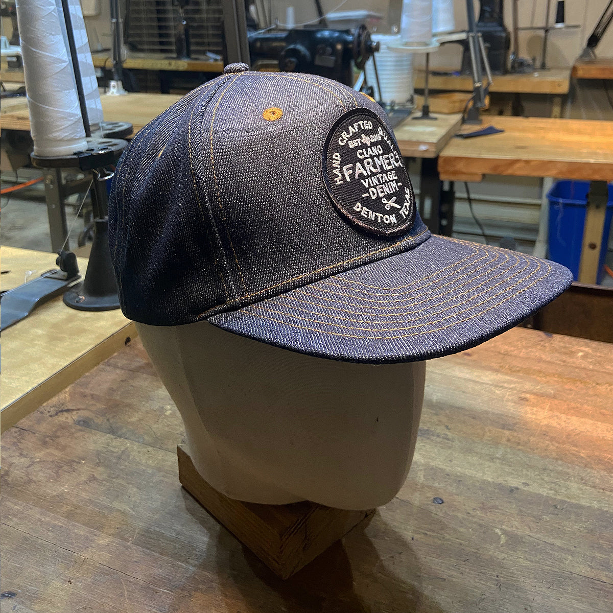 14oz Cone Mills Denim Snapback HAT CFDCo Round Black Shop Patch - Mid Crown