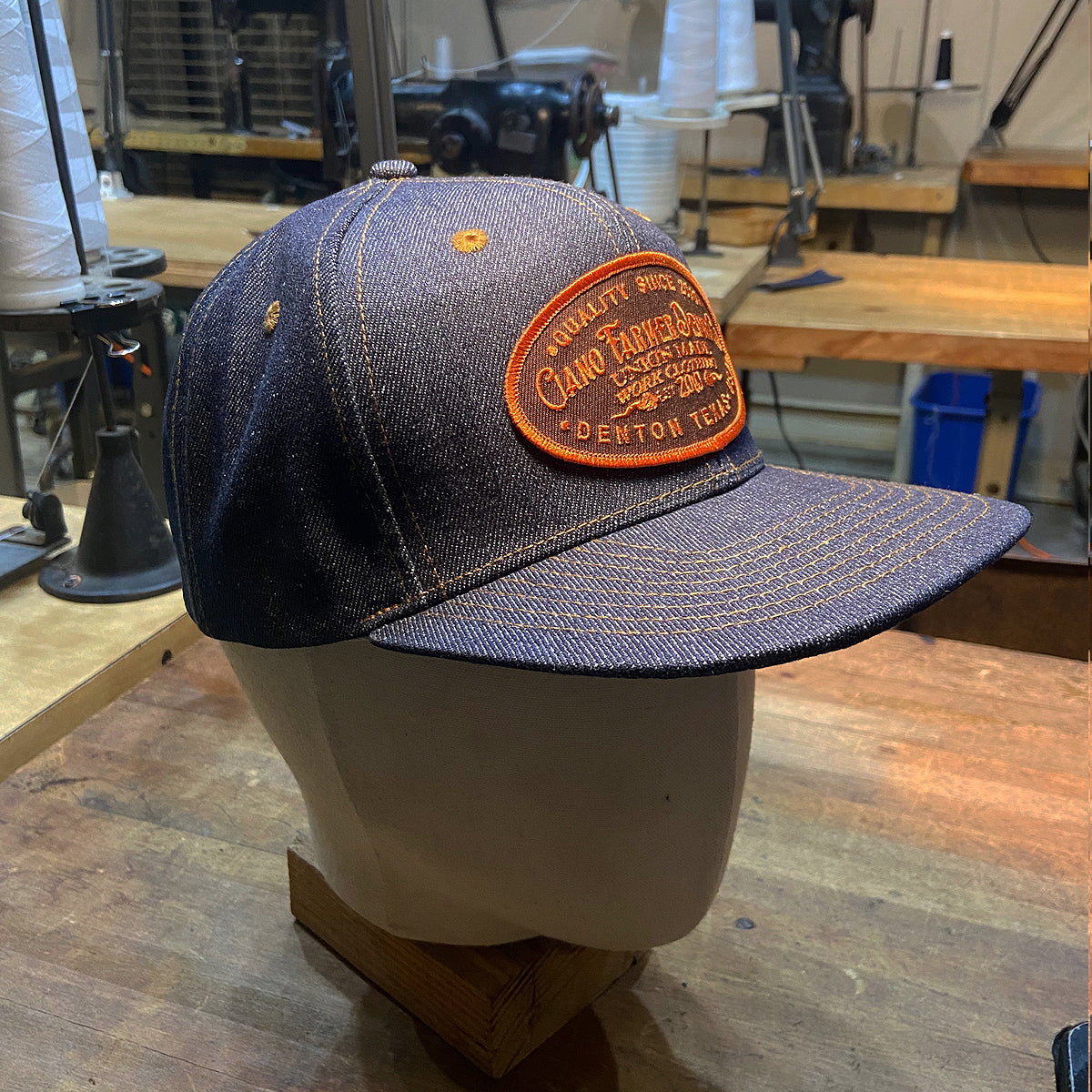 14oz Cone Mills Denim Snapback HAT CFDCo Orange Shop Patch