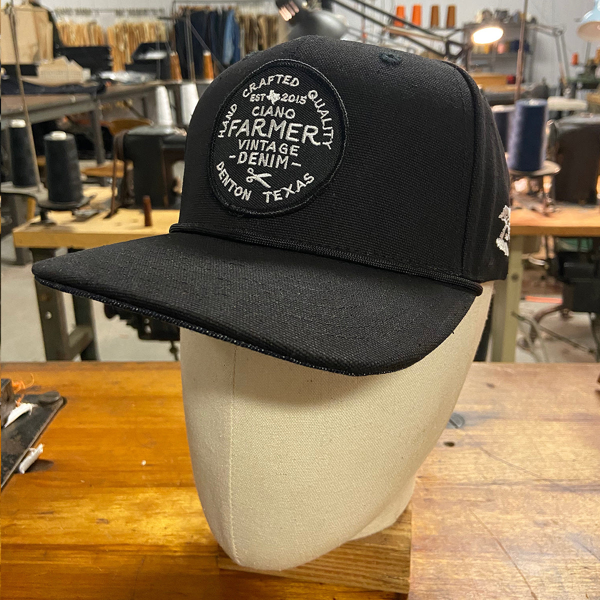 18oz USA Duck Canvas Snapback HAT Black Round Shop Patch