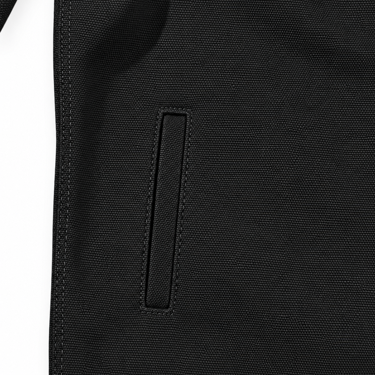 Close-up of a black textured fabric item with a vertical stitched pocket detail on a white background.