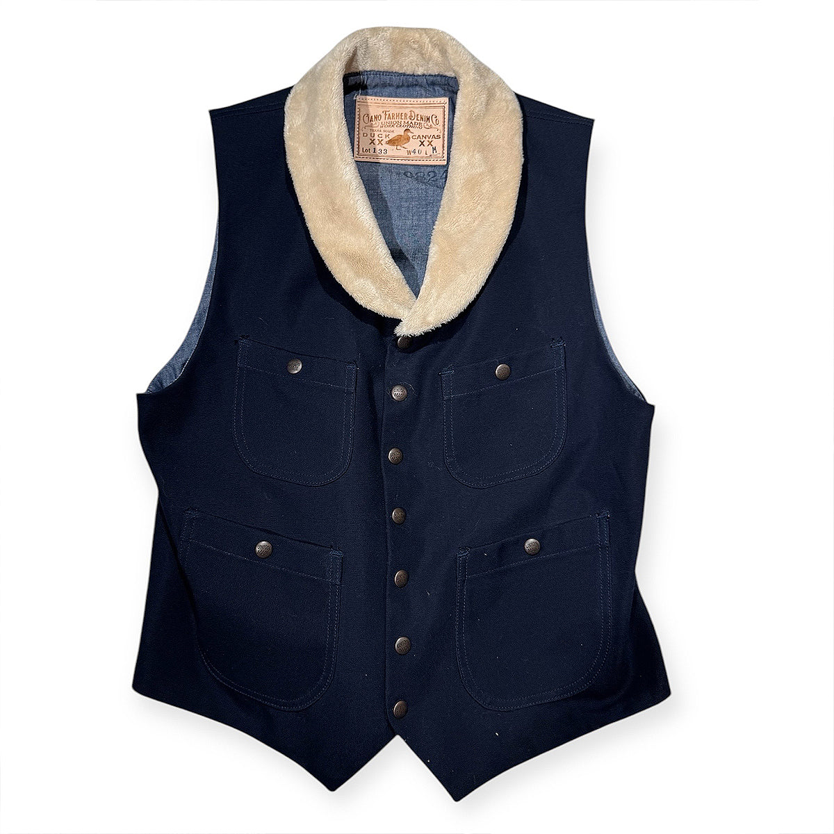 #133 12oz Duck Canvas Type SW Waistcoat Navy Shearling Wool/Silk Collar