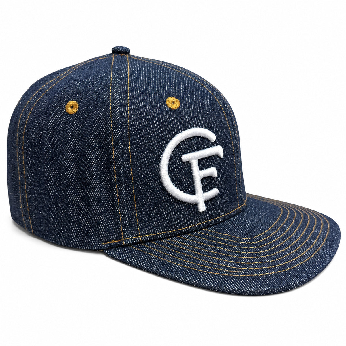 14oz Cone Mills Denim Snapback HAT CFDCo Cattle 3D Embroidery TM Logo - Mid Crown