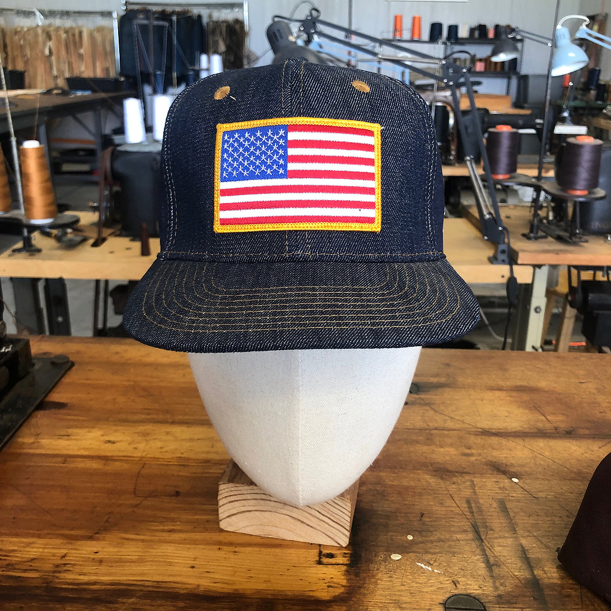 14oz Cone Mills Denim Snapback HAT "USA Flag" Patch-Mid Crown