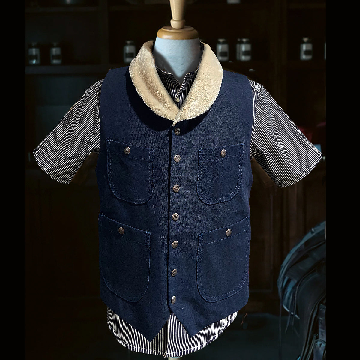 #133 12oz Ochre Duck Canvas Type SW Waistcoat Shearling Wool Collar