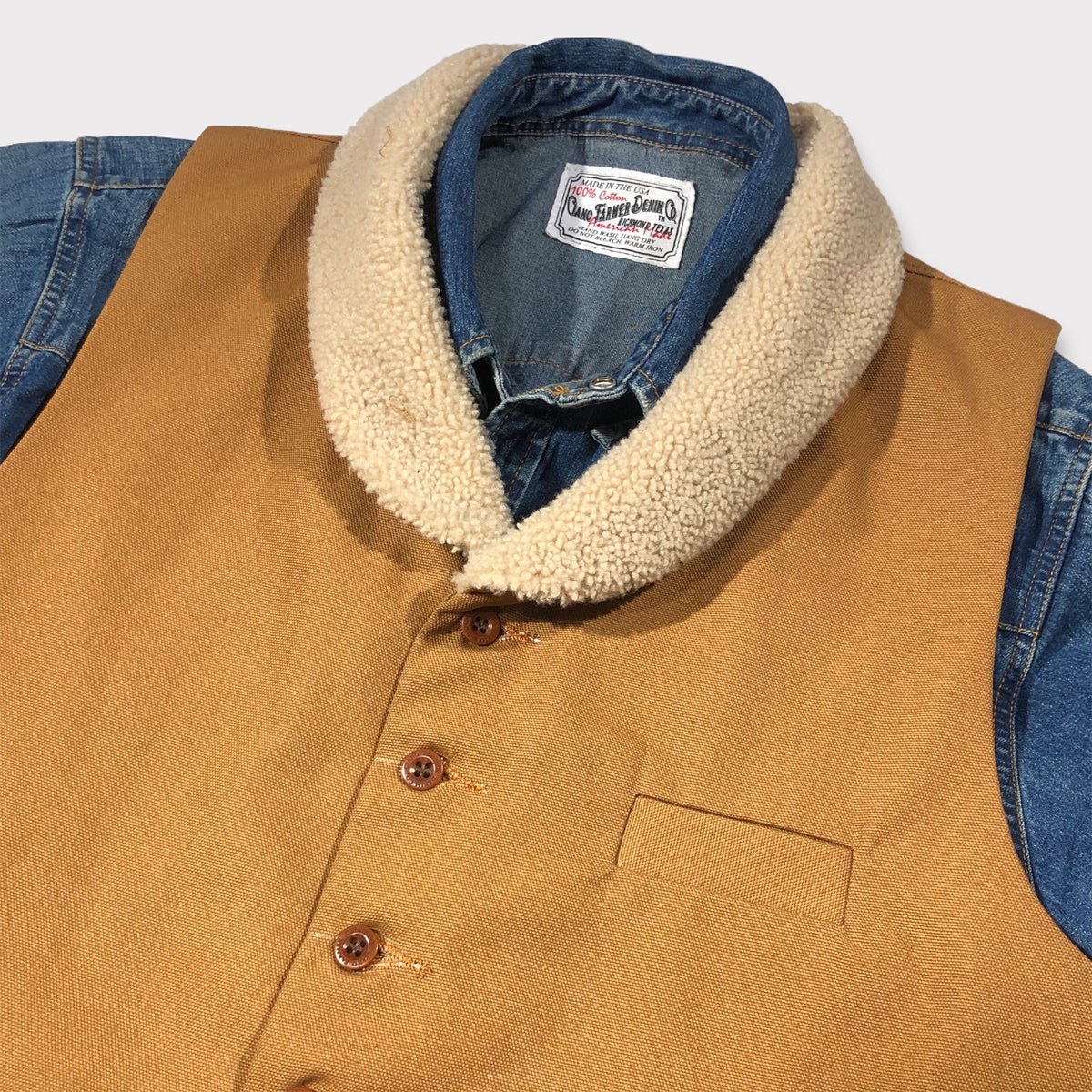 12oz Ochre Duck Canvas Type D Waistcoat Shearling Wool Collar