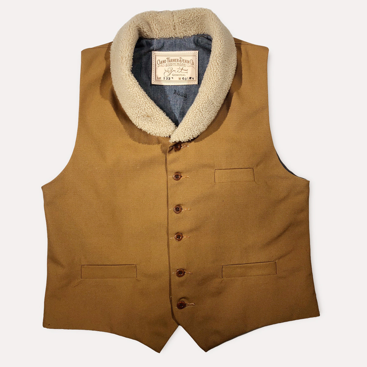 12oz Ochre Duck Canvas Type D Waistcoat Shearling Wool Collar