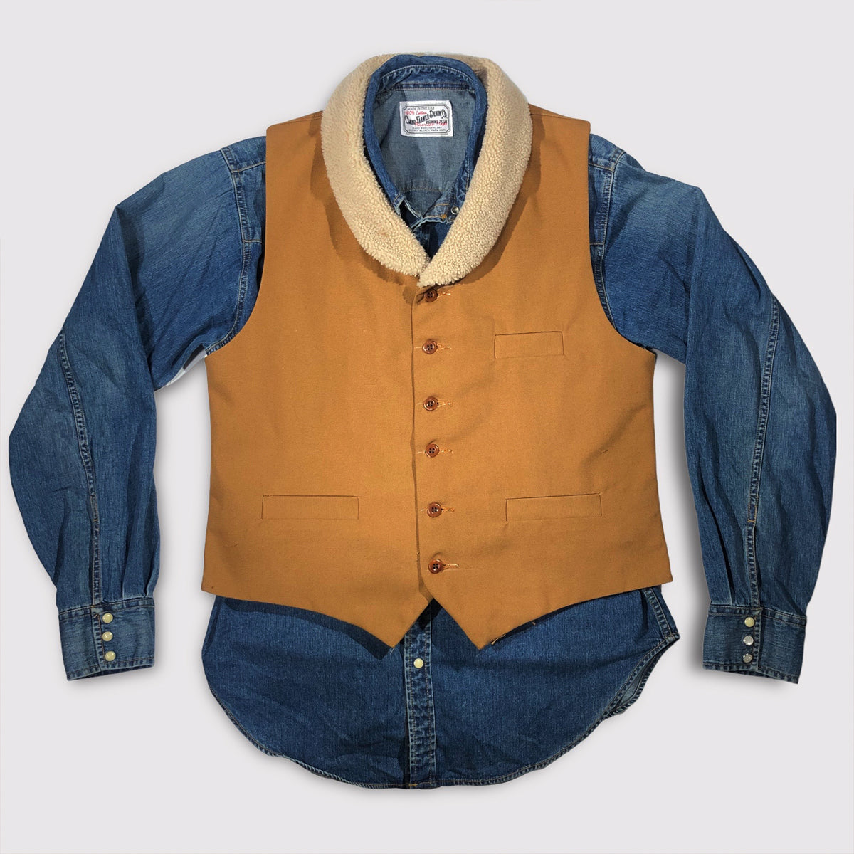 12oz Ochre Duck Canvas Type D Waistcoat Shearling Wool Collar