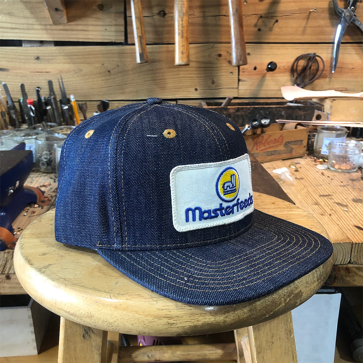 VINTAGE 1980's "MASTERFEEDS" Patch - 14oz TEXAS Denim Snapback HAT