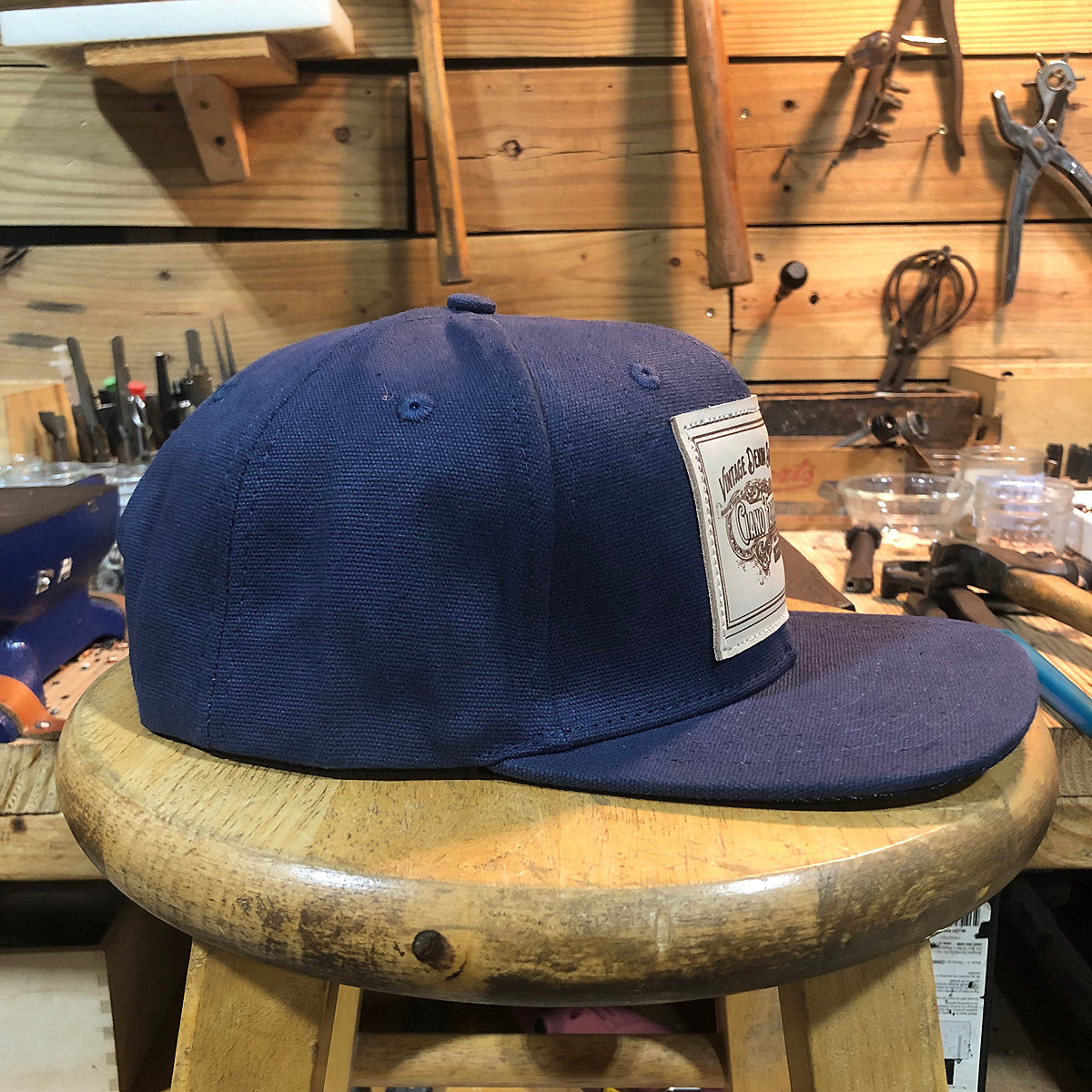 18oz USA Duck Canvas Snapback HAT Blank "NAVY" Veg Tan Leather Patch