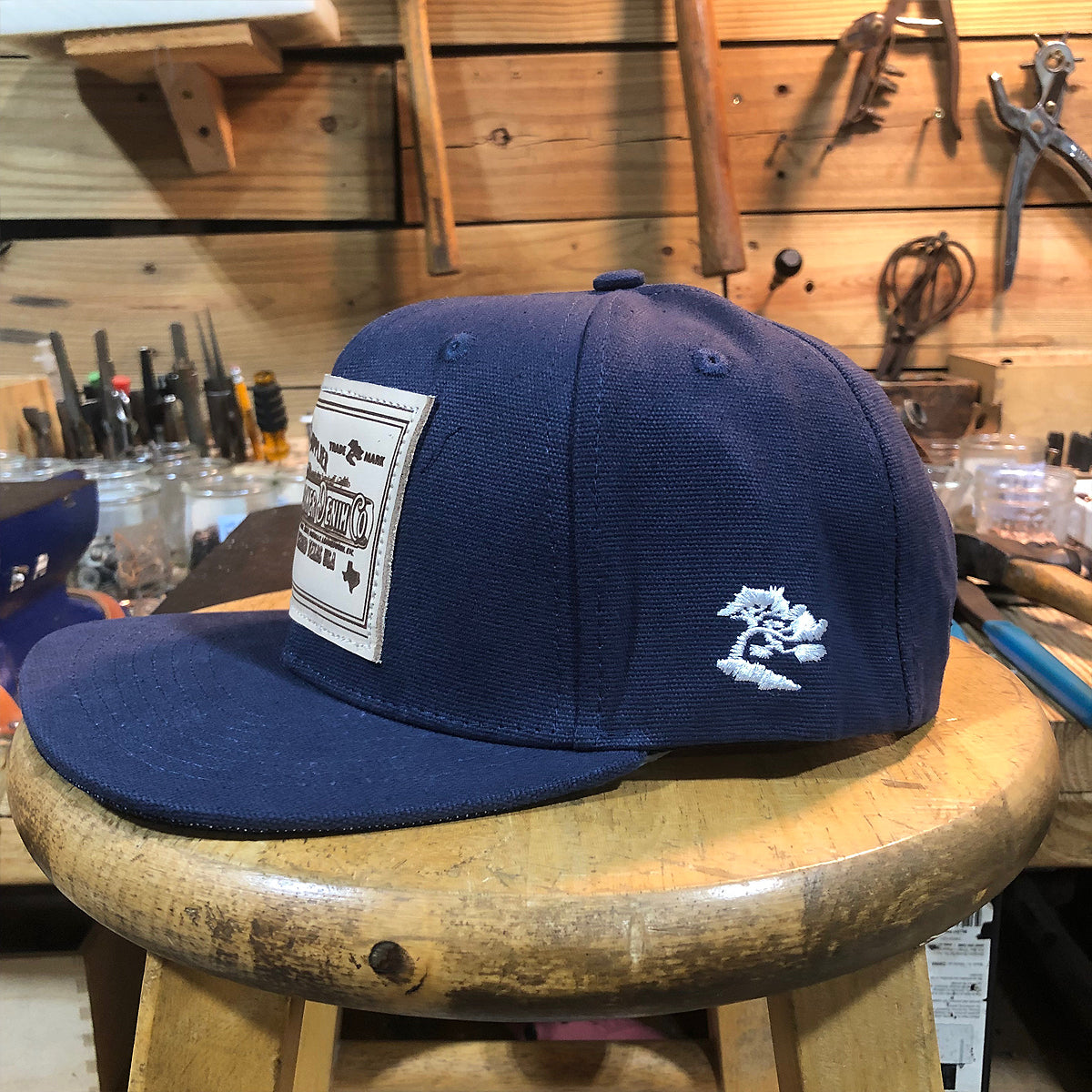 18oz USA Duck Canvas Snapback HAT Blank "NAVY" Veg Tan Leather Patch
