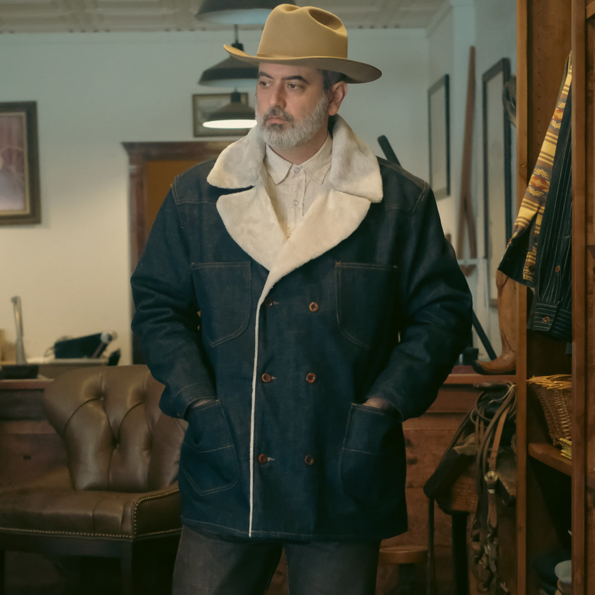 14oz Cone Mills Selvage Denim Pea Coat with Sherpa Liner