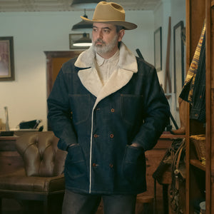 14oz Cone Mills Selvage Denim Pea Coat with Sherpa Liner