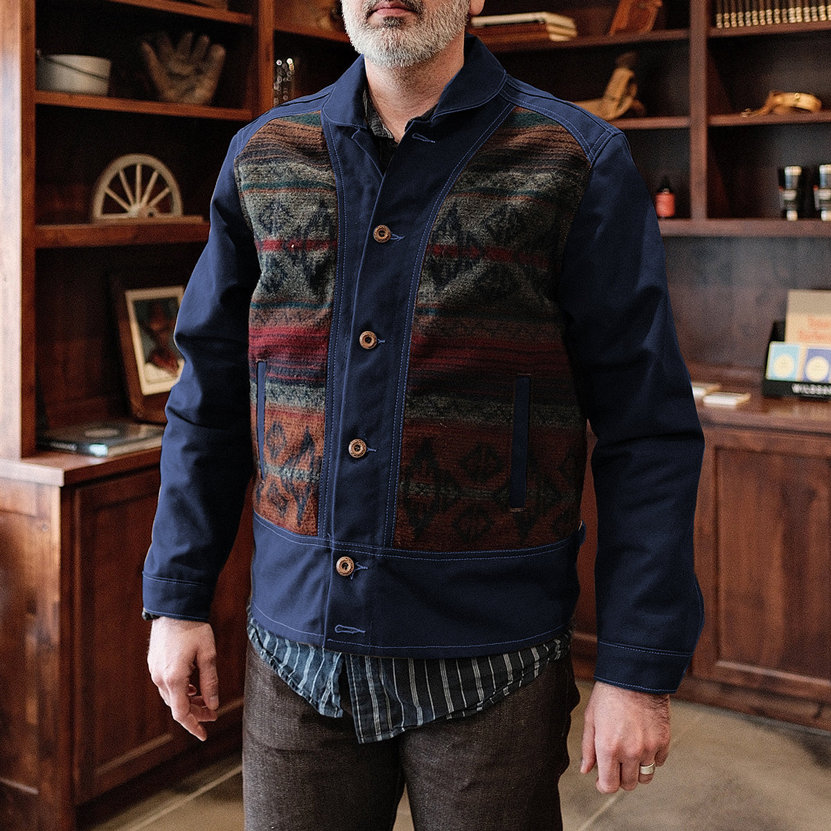 18oz Navy Duck Canvas Cossack Jacket w/ Wool Insets