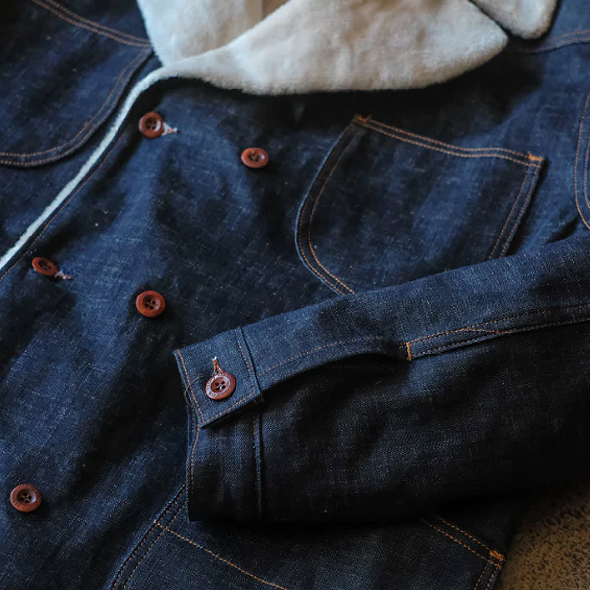 14oz Cone Mills Selvage Denim Pea Coat with Sherpa Liner