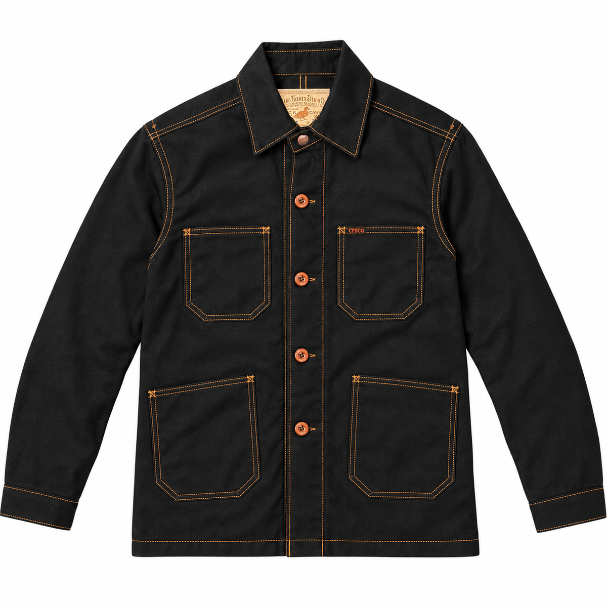 A black canvas utility jacket with orange-brown contrast stitching, orange-brown buttons, and a tan interior label, shown flat on a white background.