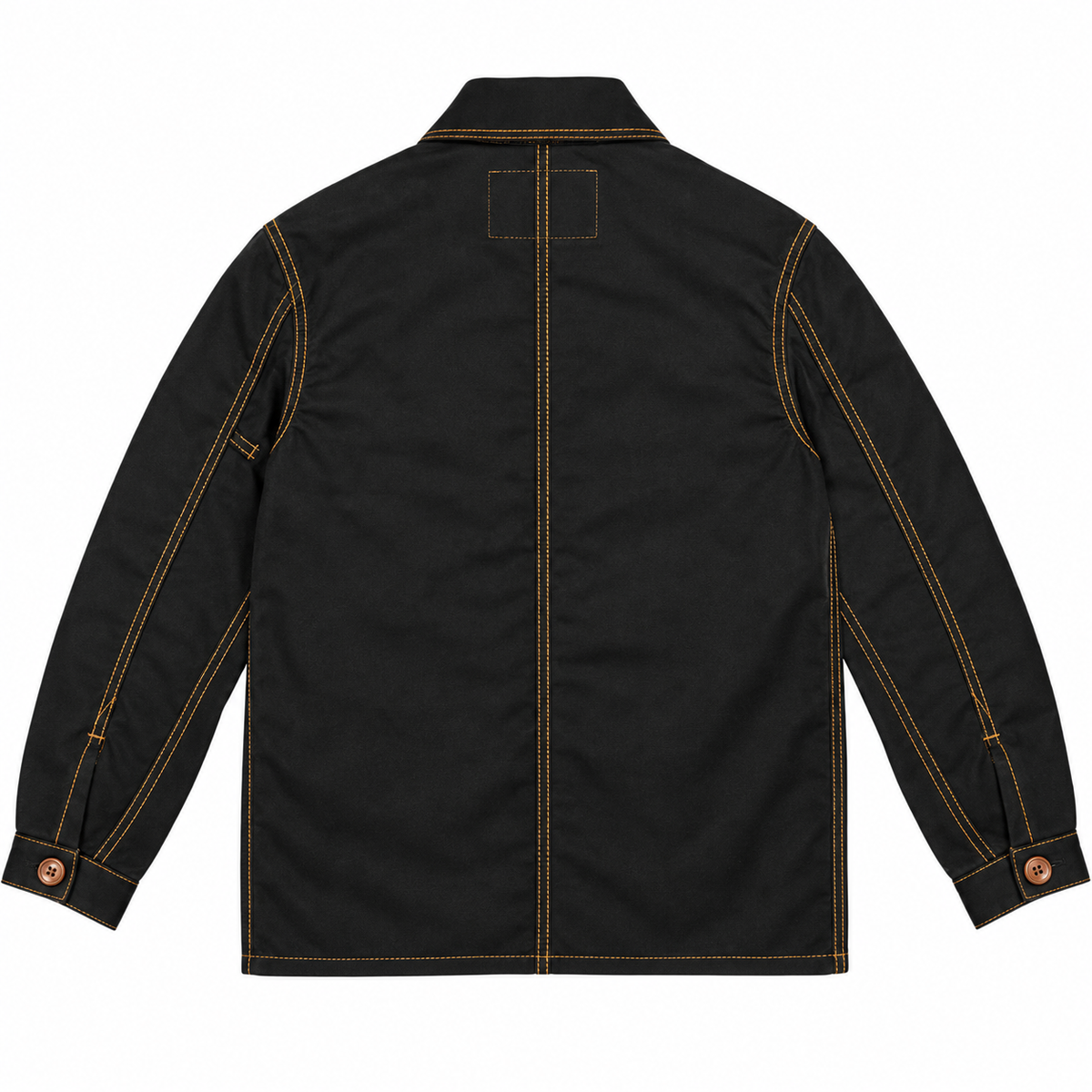 Black jacket shown from the back, featuring prominent yellow contrast stitching along the seams and cuffs, with a small circular brown button detail on the right cuff.