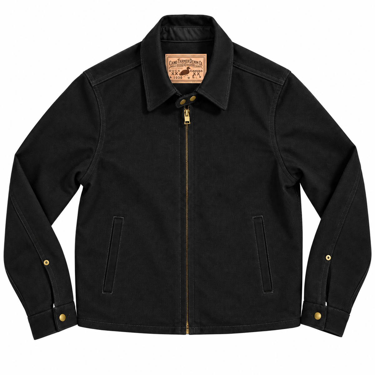 A black canvas utility jacket with a gold-tone zipper, collar, and snap-button cuffs, shown flat on a white background. The brand label inside the collar reads 'Crazy Dog'.