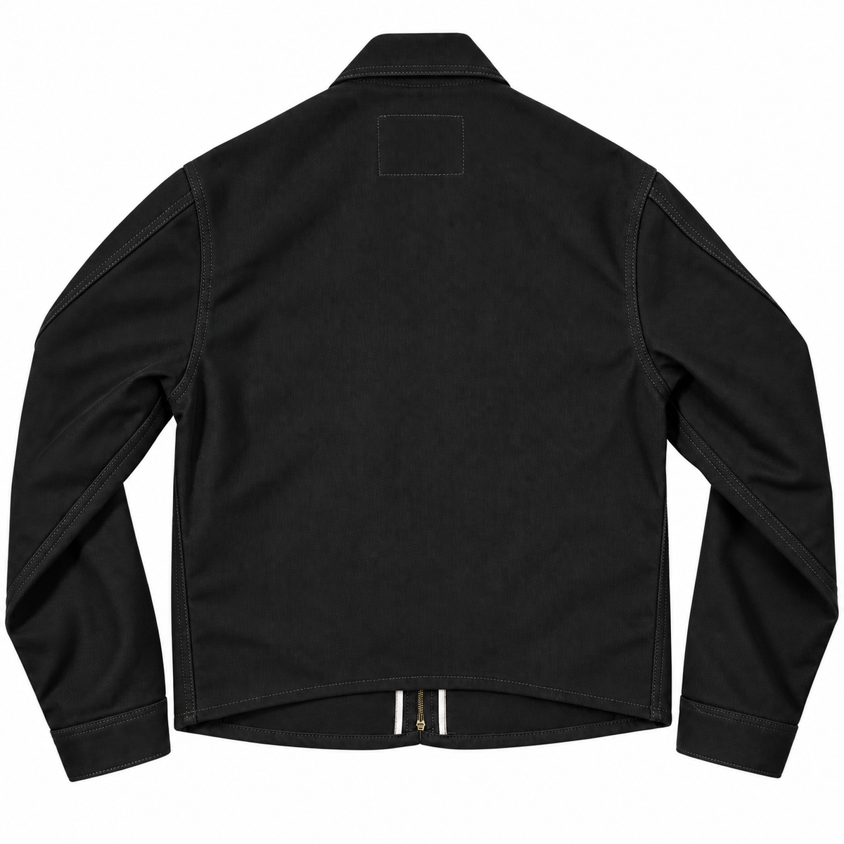 Black long-sleeve jacket shown from the back, featuring a collar, a rectangular patch on the upper back, and a zippered closure at the hem.