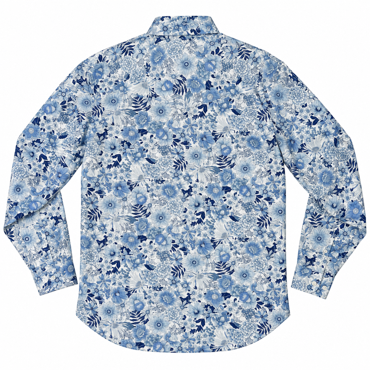 A long-sleeve button-up shirt shown flat against a white background, featuring an all-over blue and white floral pattern.