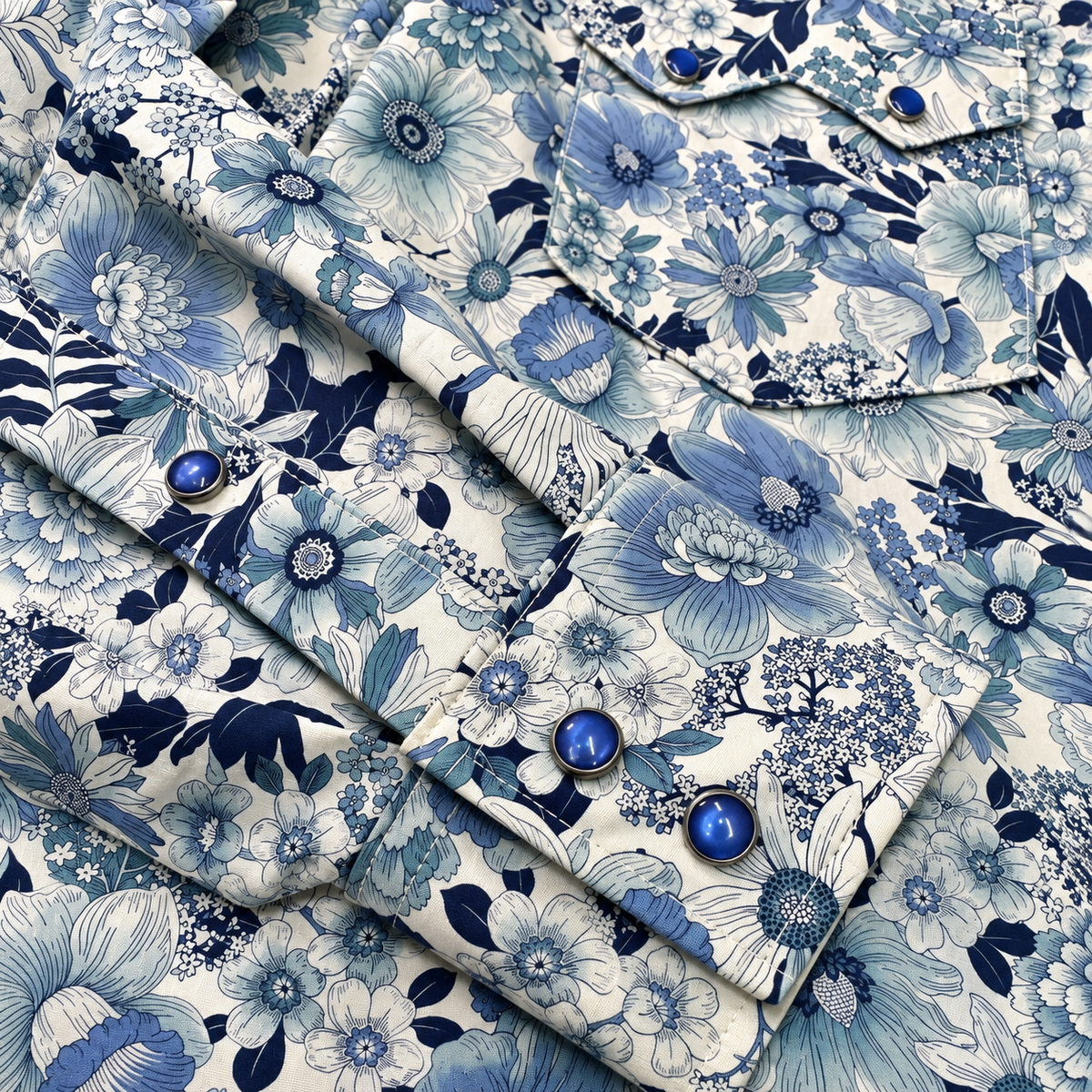 A close-up flat lay of matching buttoned shirt fronts with a blue and navy floral print on an off-white background, accented with round blue buttons.