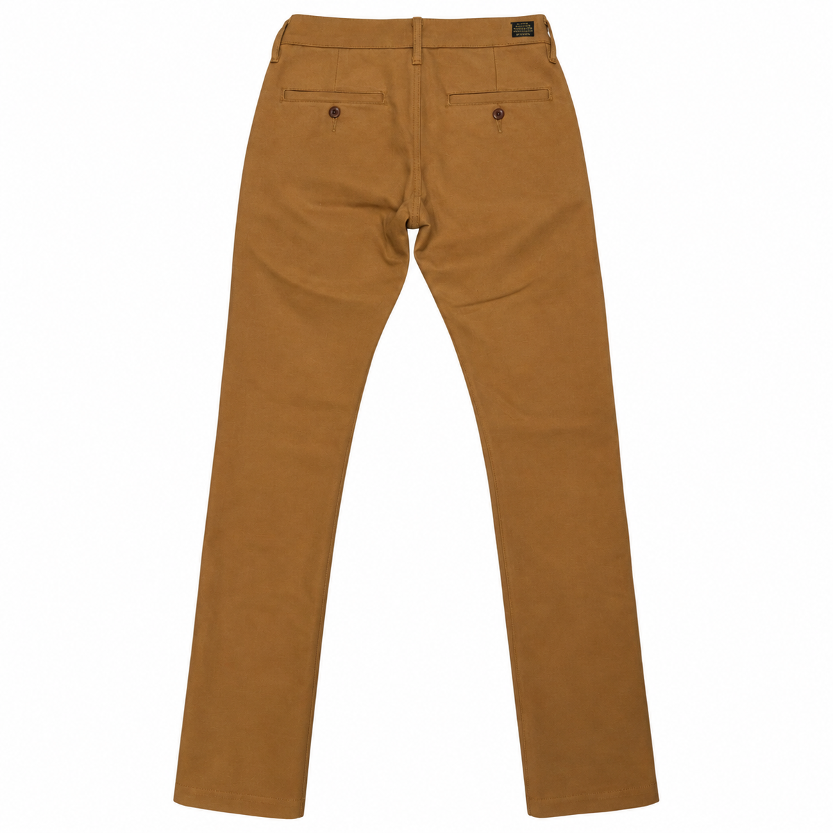 A pair of straight-leg trousers in a warm camel brown color, shown from the back on a solid white background.