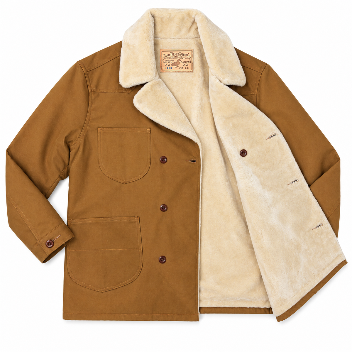 A brown canvas jacket with a thick cream-colored sherpa lining, shown open to display both the exterior chest pockets and the soft interior lining.