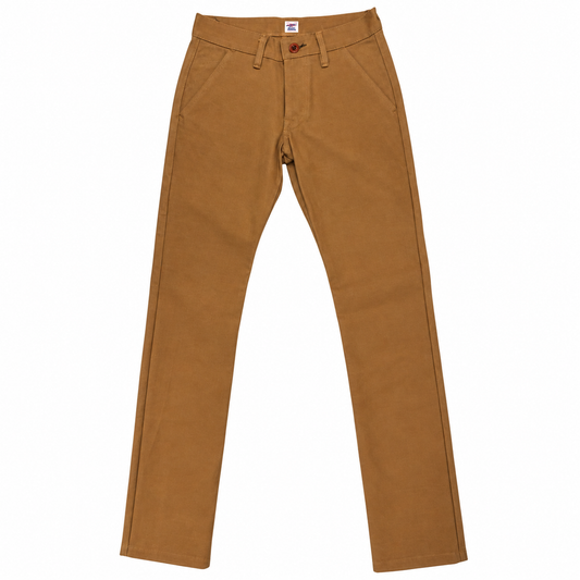 A pair of straight-leg chinos in a warm camel brown color, shown flat against a solid white background.