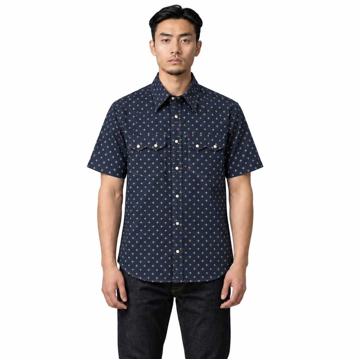 (OPSTK) #1339 6oz Japanese Cross Print Indigo Saw Tooth Work Shirt