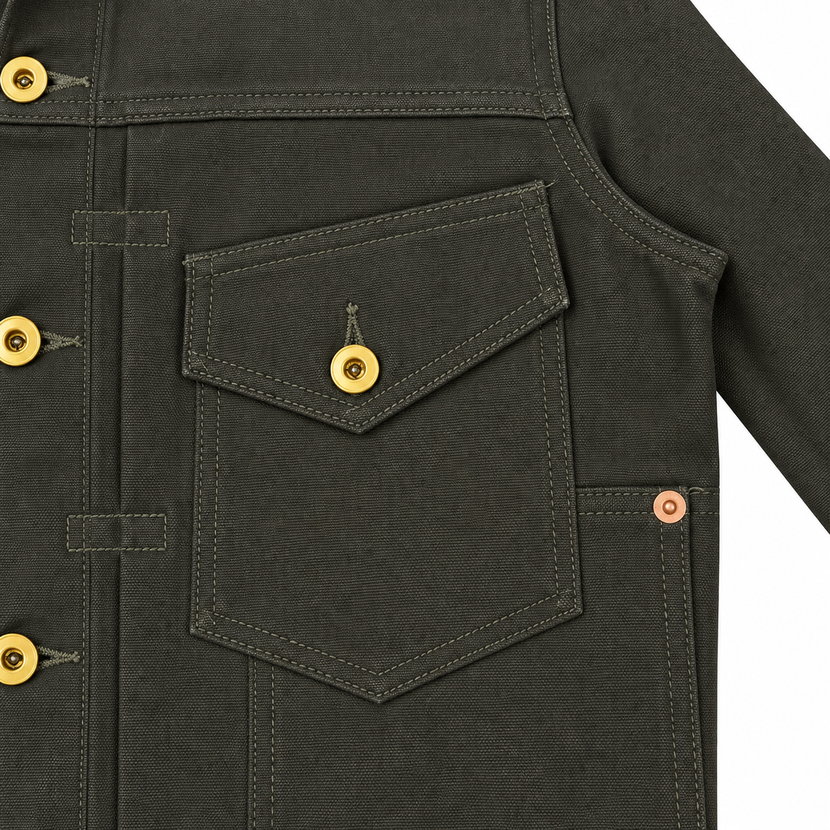 Close-up of a dark olive green canvas jacket featuring a chest pocket with a gold snap button, contrast stitching, and brass snap buttons on the front.