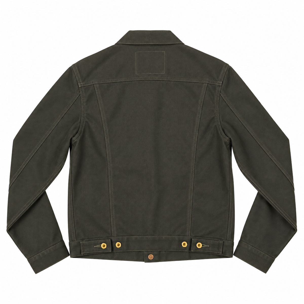 An olive green canvas utility jacket shown from the back, featuring a collar, long sleeves, diagonal seam detailing, and brass snap buttons at the hem.