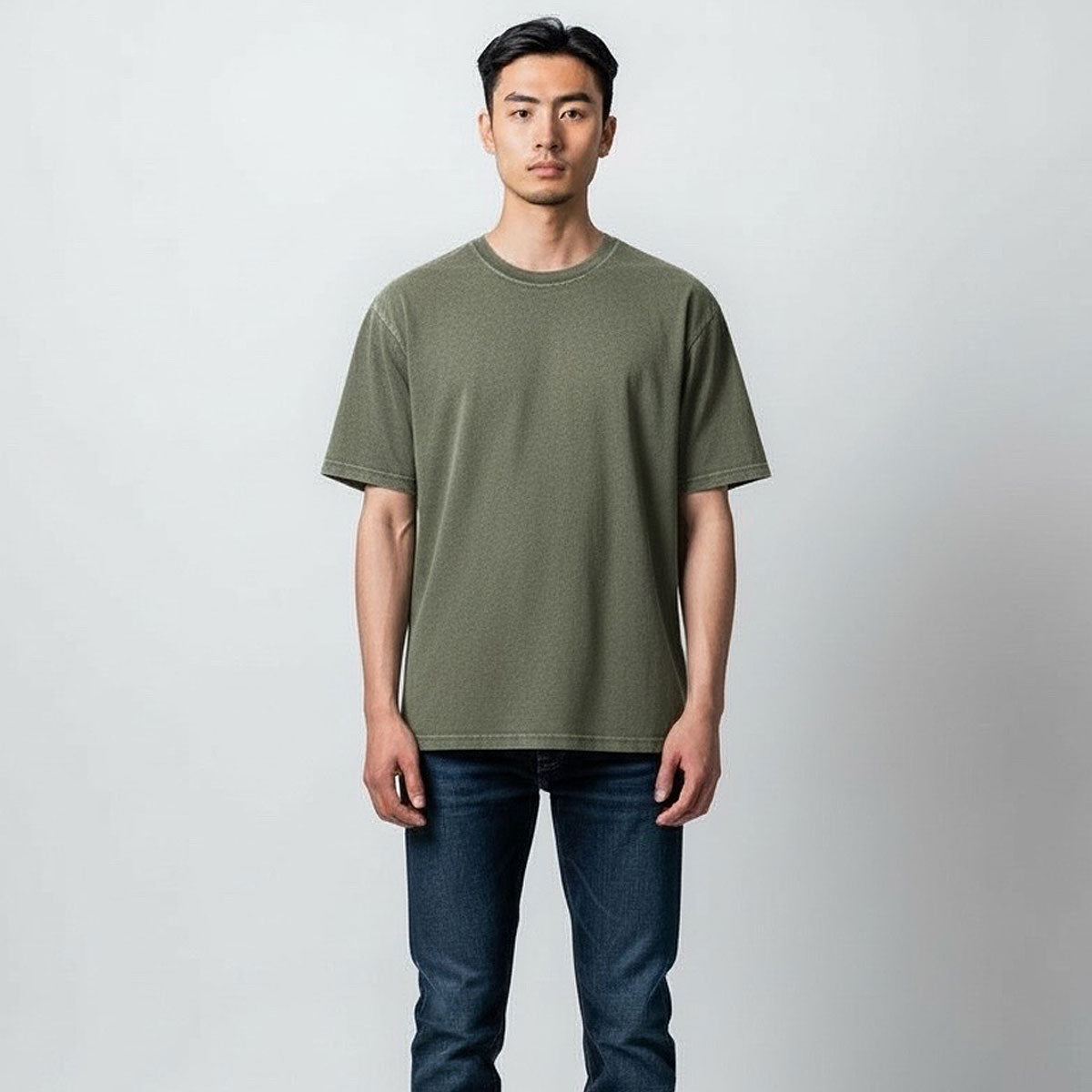 8.4oz TEXAS MADE "HEAVY ORGANIC" Crew Neck Vintage Moss Green " Sun Bleached"