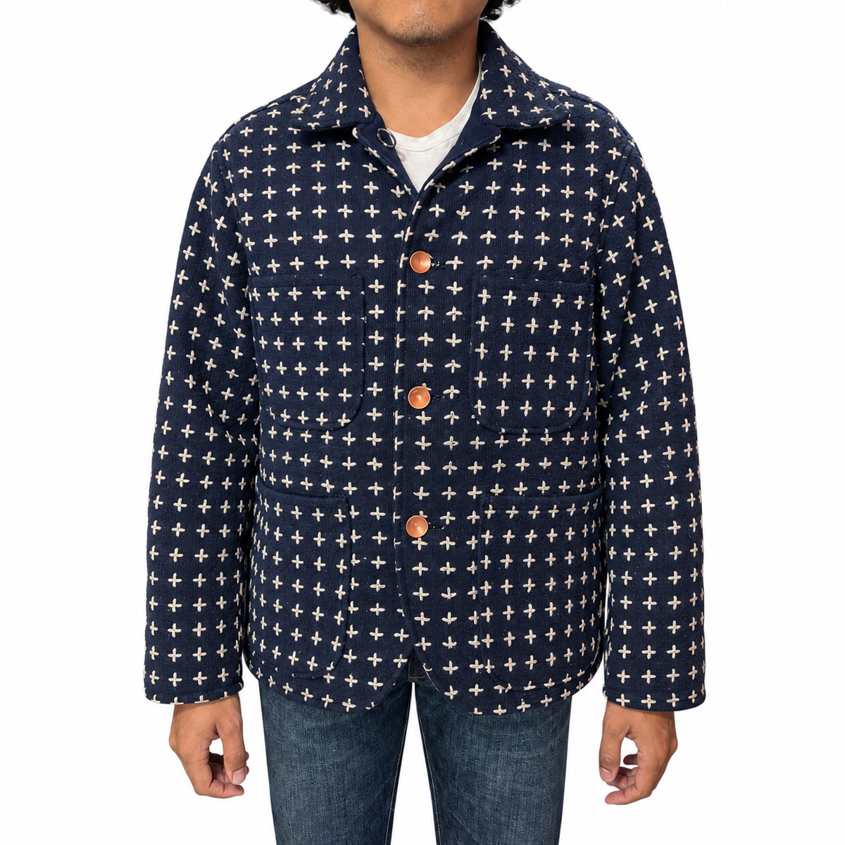 20oz Cotton Basketweave Canvas Japanese Dark Indigo Sashiko Cross-Stitch Cotton Jacket