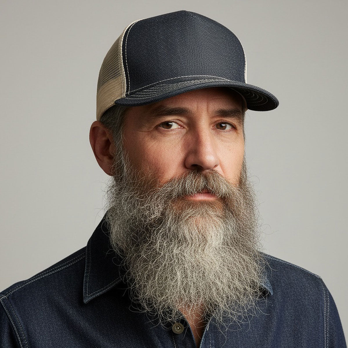 #080 Cone Mills Denim/Mesh Snapback HAT 5 Panel- Mid Crown