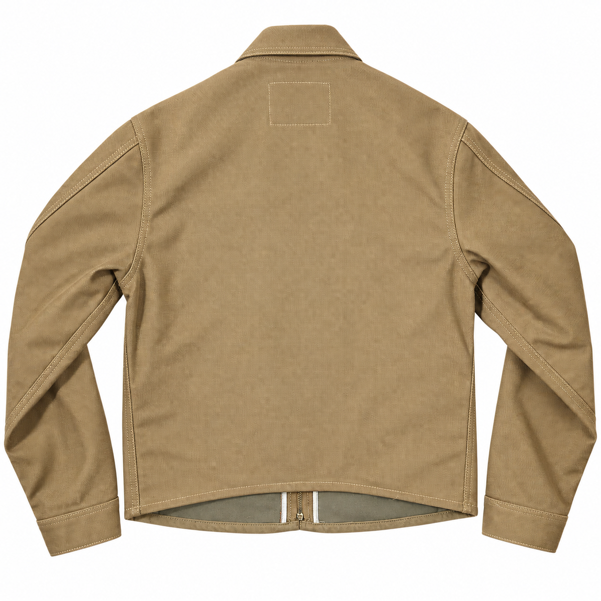 A tan canvas utility jacket shown from the back, featuring a collar, long sleeves, and a zippered back closure, photographed on a solid white background.
