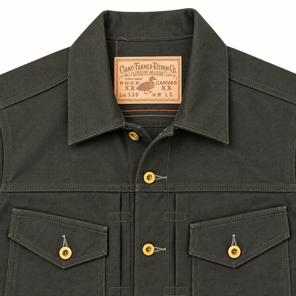 Close-up of a dark olive green canvas work jacket by Clino Farmer Denim Co., featuring brass buttons and a visible brand label on the inner collar.