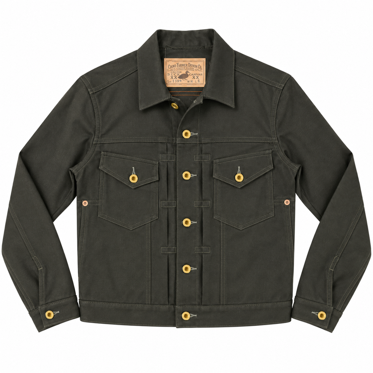 An olive green canvas trucker jacket with gold-tone buttons and brass hardware, displayed flat against a white background.
