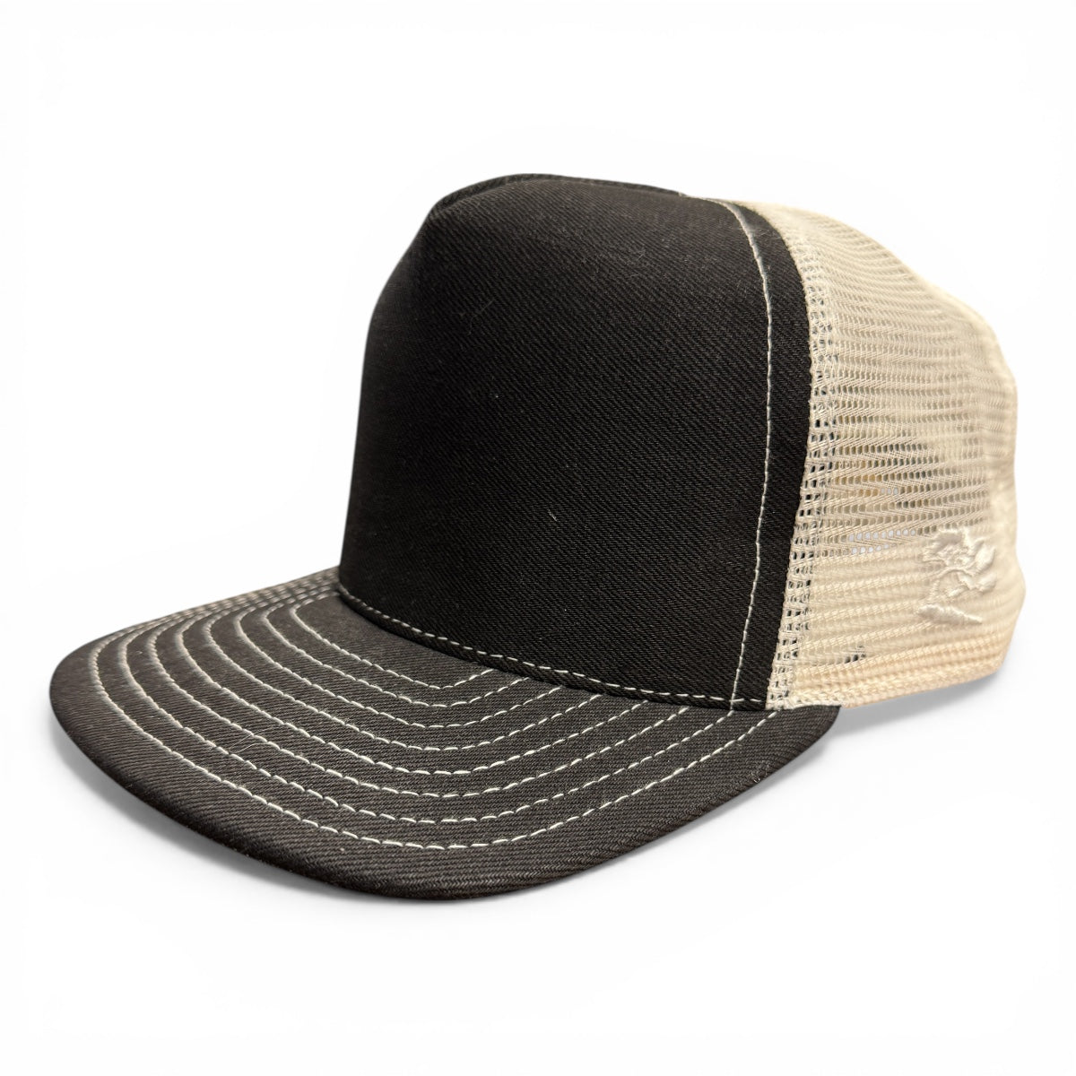 #6501 Japanese Double Black Denim/Mesh Snapback HAT 5 Panel- Mid Crown