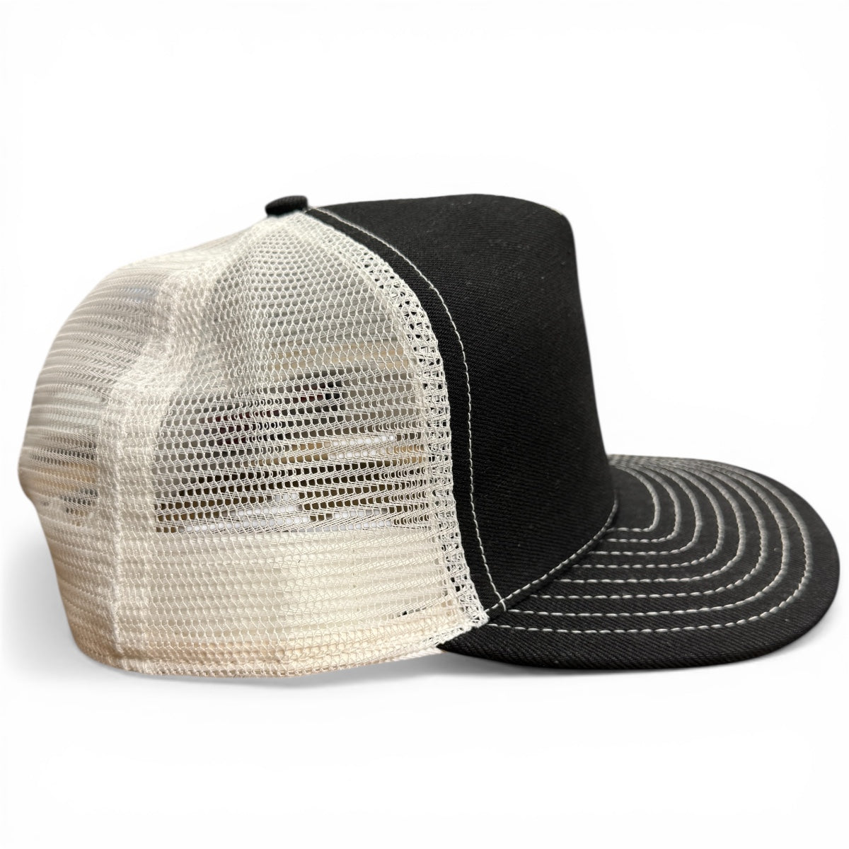 #6501 Japanese Double Black Denim/Mesh Snapback HAT 5 Panel- Mid Crown