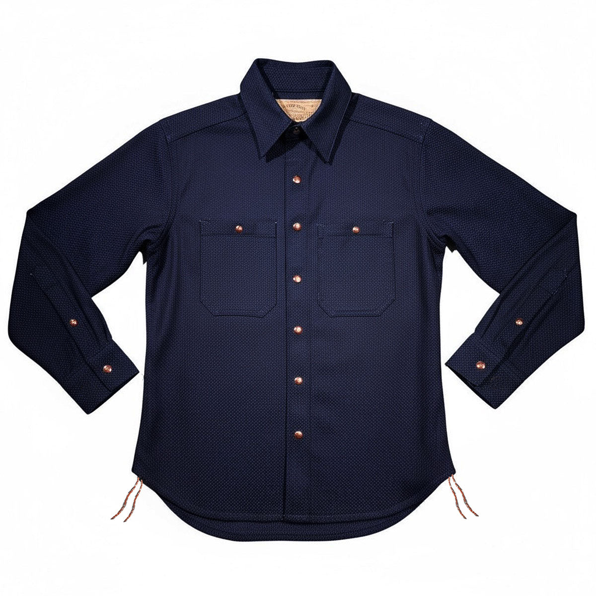 Navy blue shirt with button details on a white background