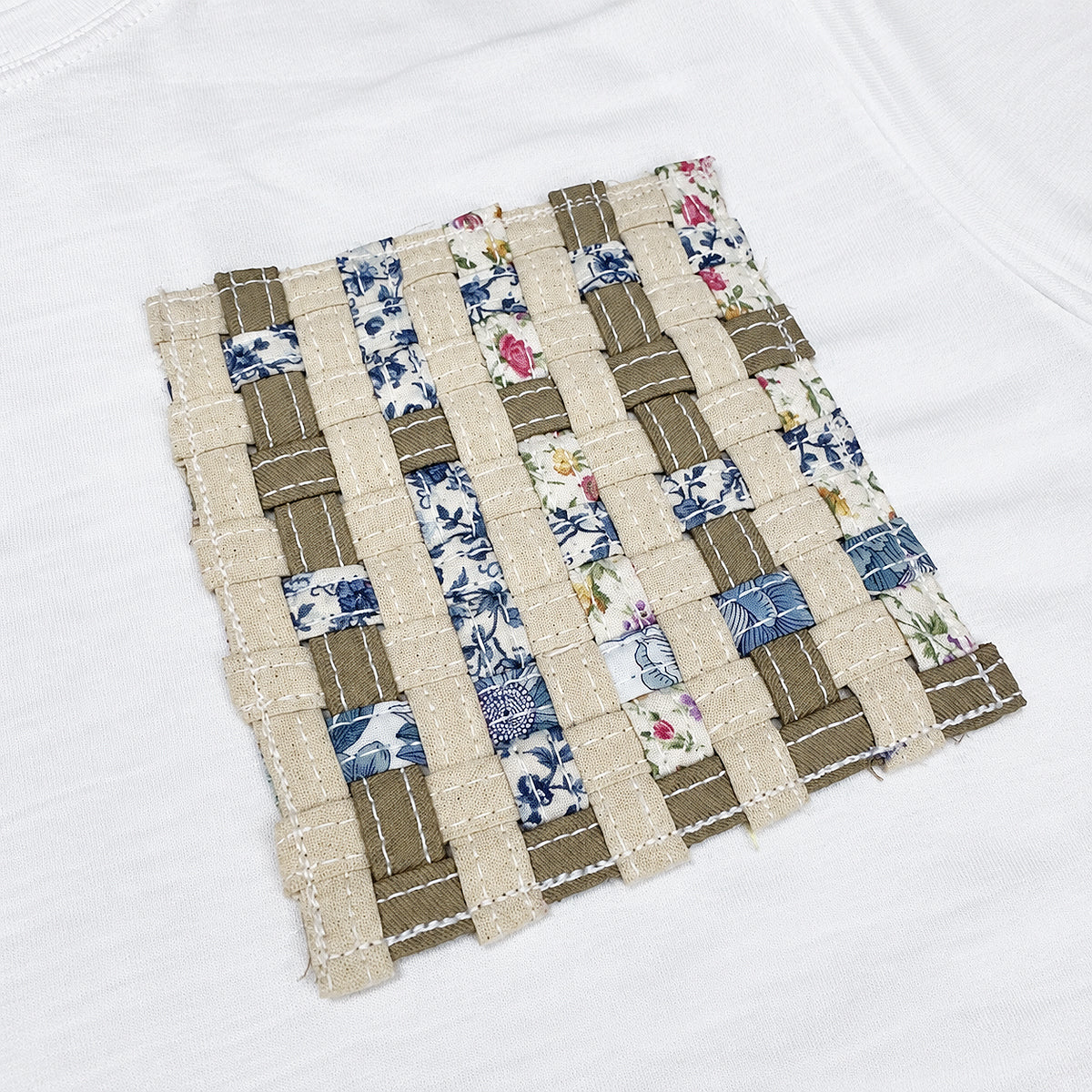 6oz Texas SUPIMA® Cotton Crew Neck White Sakiori patchwork pocket