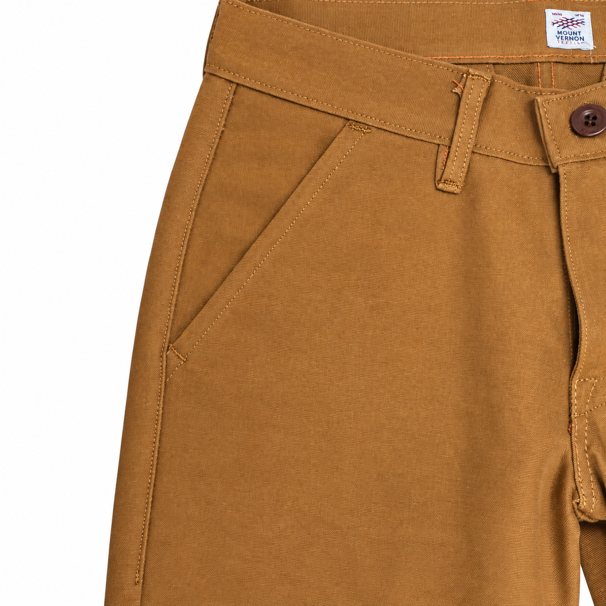 Close-up of a pair of tan work pants showing the waistband, belt loops, button closure, and side pocket on a white background.
