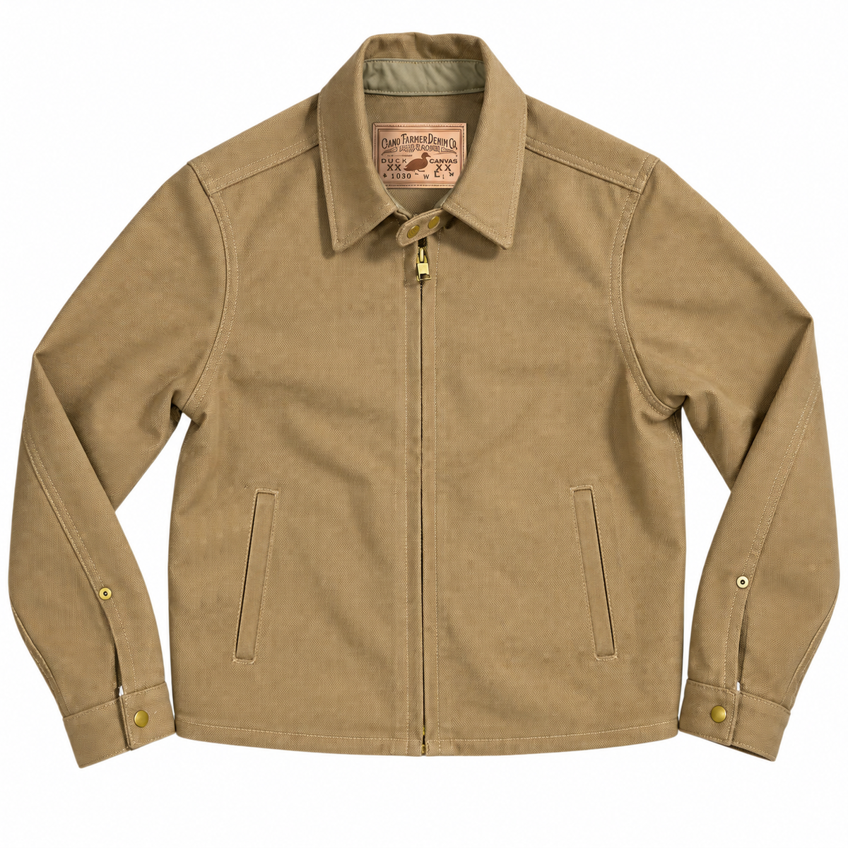 A tan canvas utility jacket with a full zipper, buttoned cuffs, and two vertical welt pockets, shown flat on a white background.