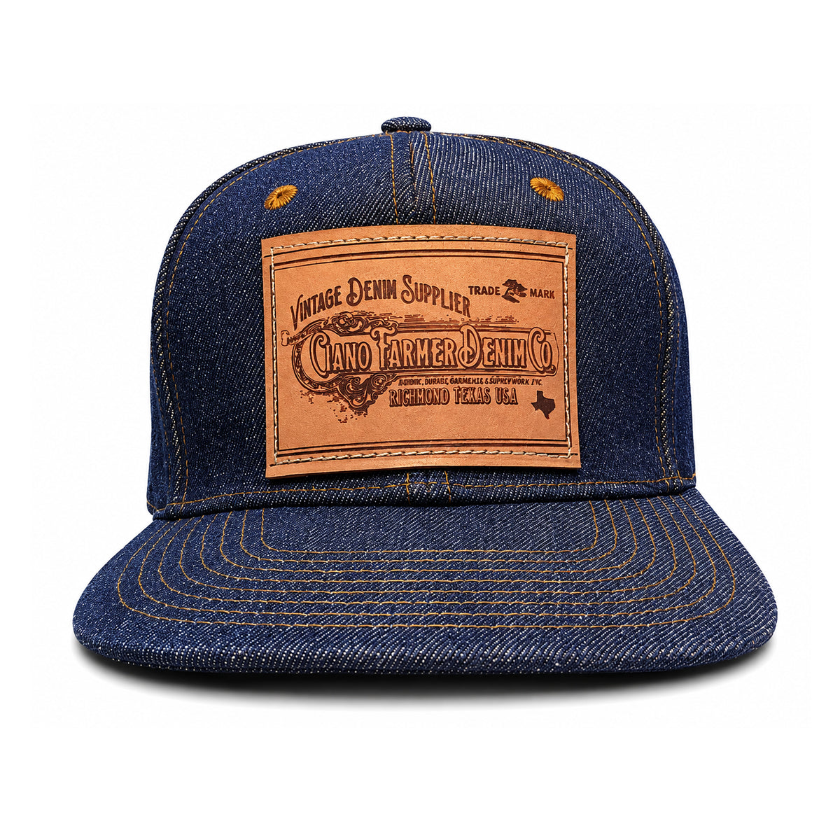 14oz Cone Mills Denim Snapback HAT CFDCo Veg Tan Leather Patch - Mid Crown