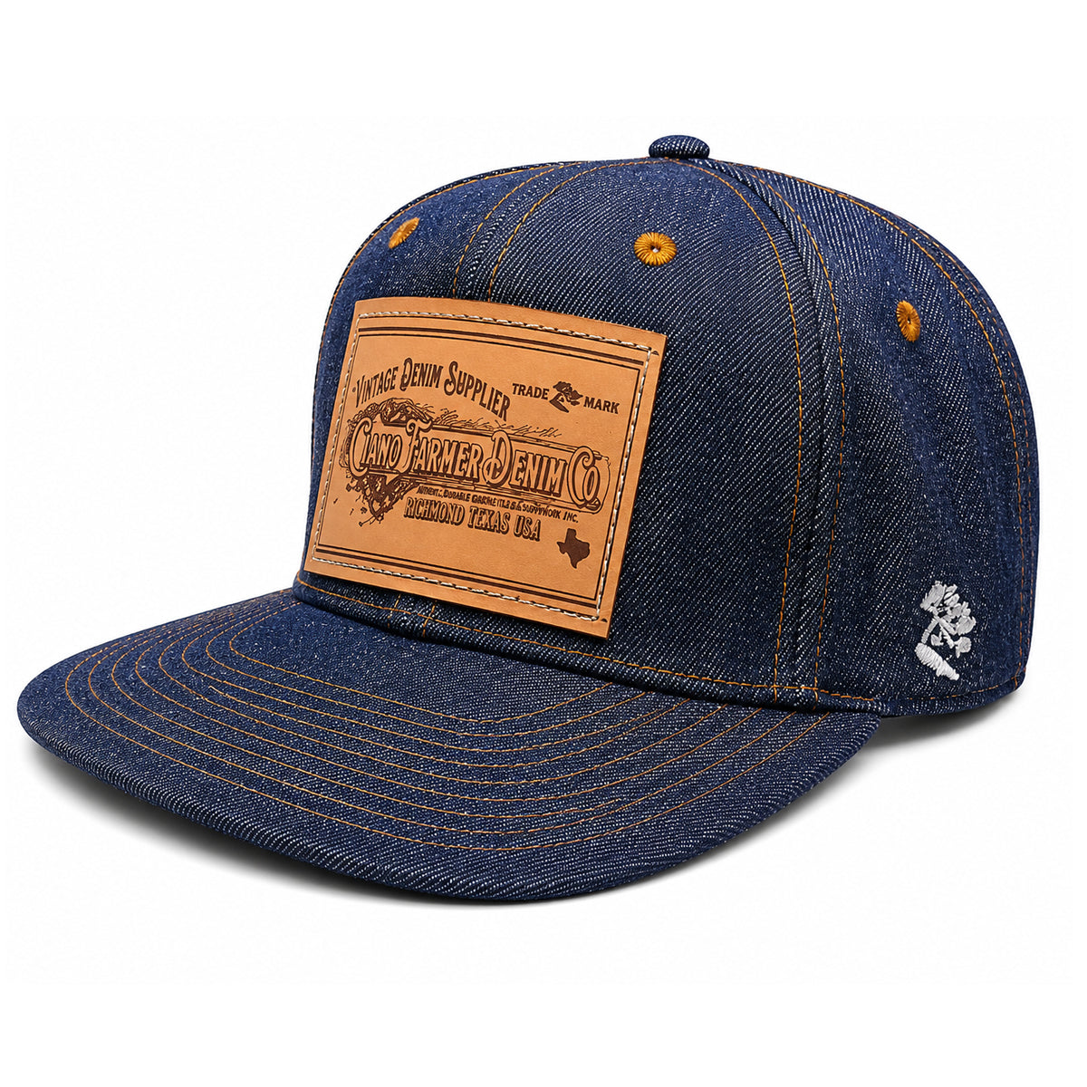 14oz Cone Mills Denim Snapback HAT CFDCo Veg Tan Leather Patch - Mid Crown
