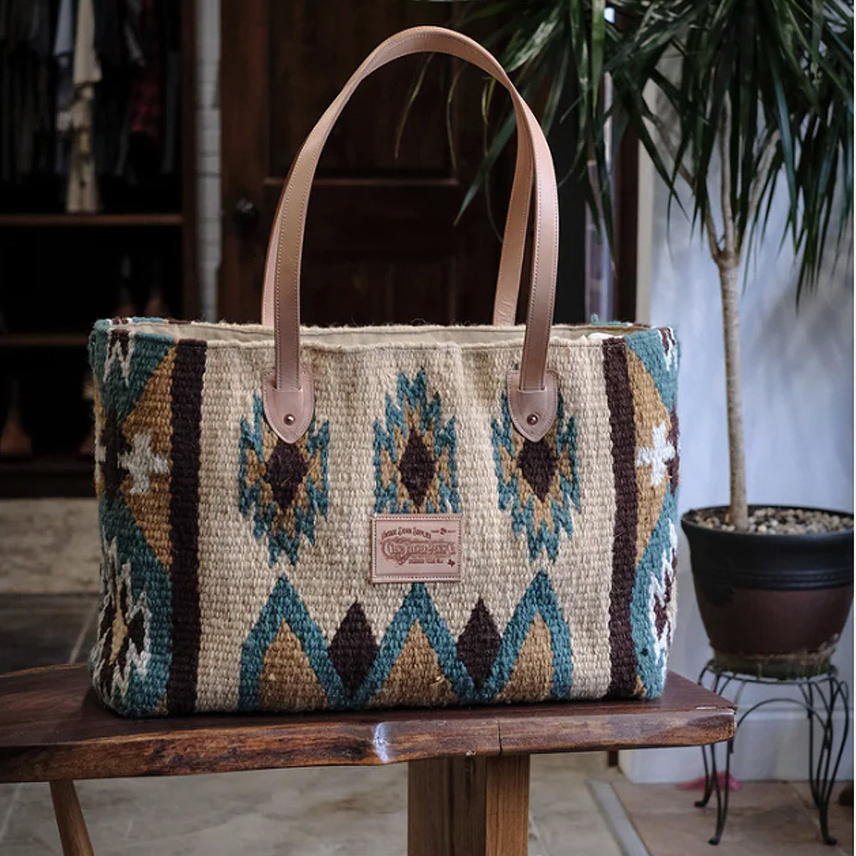 Hand Woven 100% WOOL Southwestern Tote Bag Khaki Brown