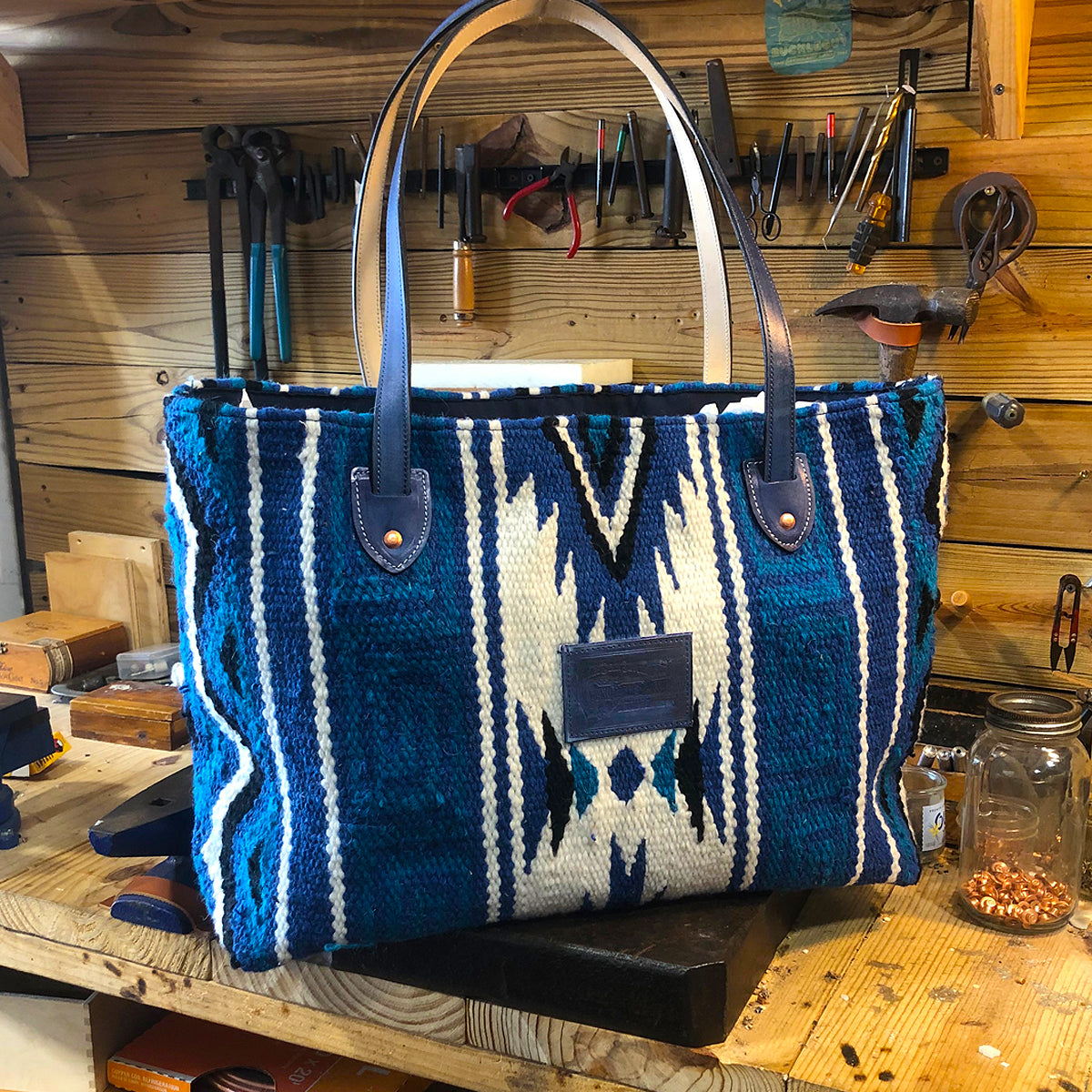 Hand Woven 100% WOOL Southwestern Tote Bag Indigo