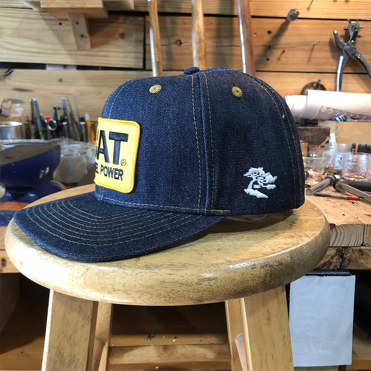 14oz TEXAS Denim Snapback HAT "HIGH CROWN" 1970s Trucker - CAT Power Patch